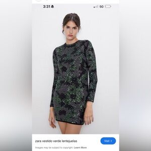 Zara Black and Green Sequin Long Sleeve Dress